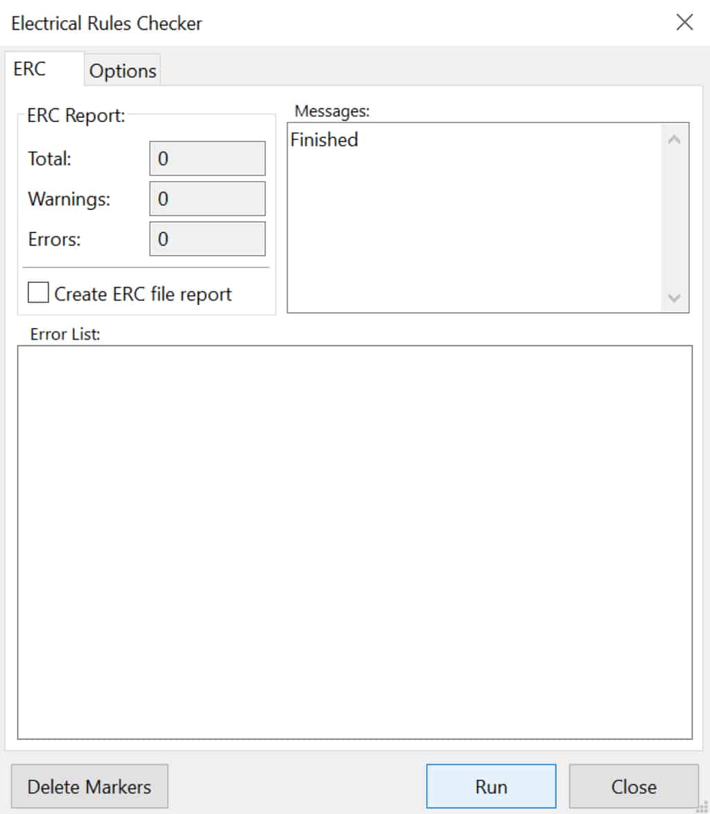 Kicad Electrical Rules Checker (ERC) window