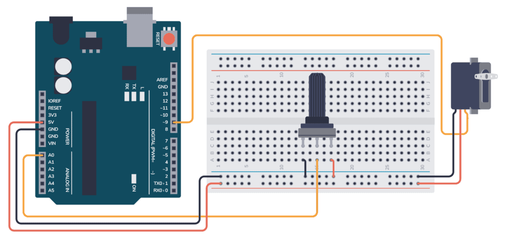 Arduino servo motor wiring on a breadboard
