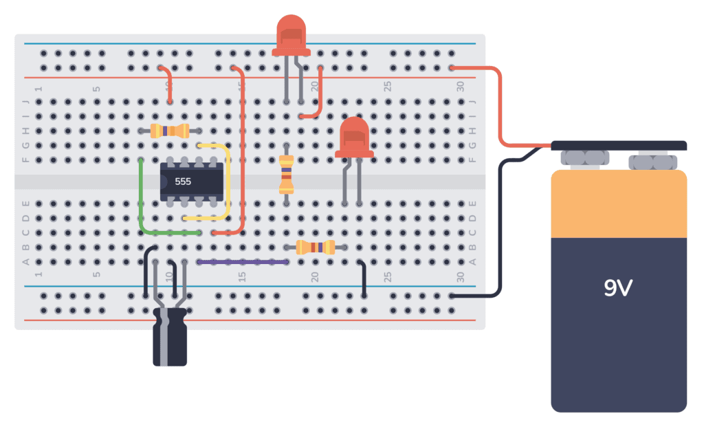 Breadboard wiring of the 555 Timer Flashing Railroad Lights