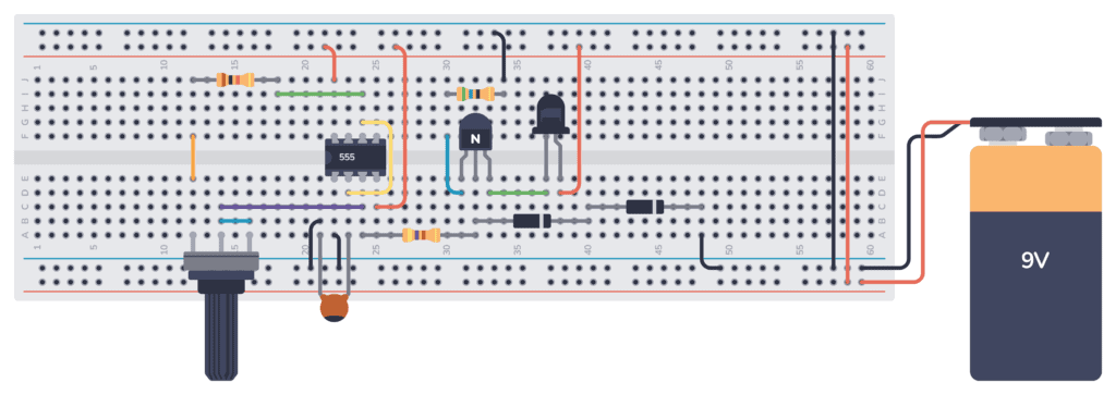 Breadboard wiring of the 555 Timer TV Remote Jammer