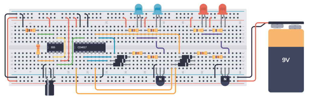 555 timer police lights on a breadboard