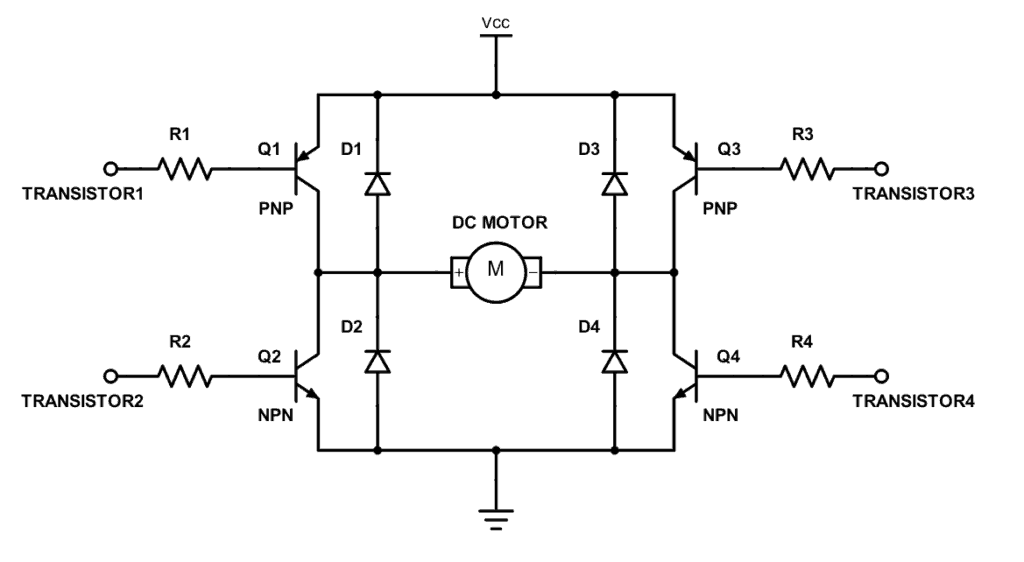 H-bridge circuit using BJT transistors with diode protection