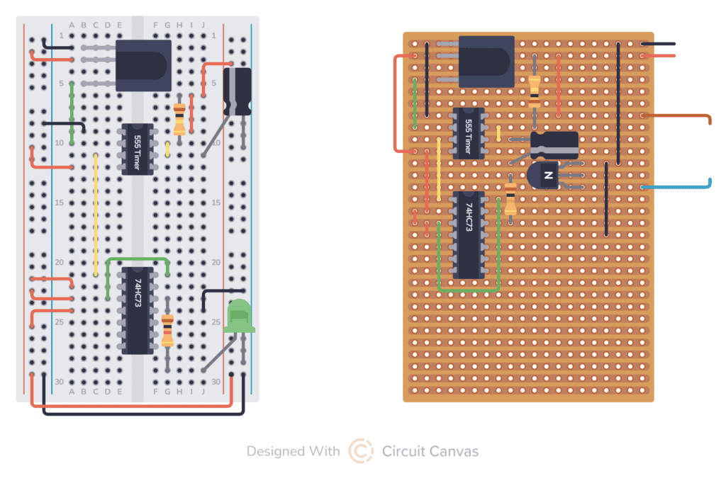 Breadboard and stripboard layouts drawn with Circuit Canvas.