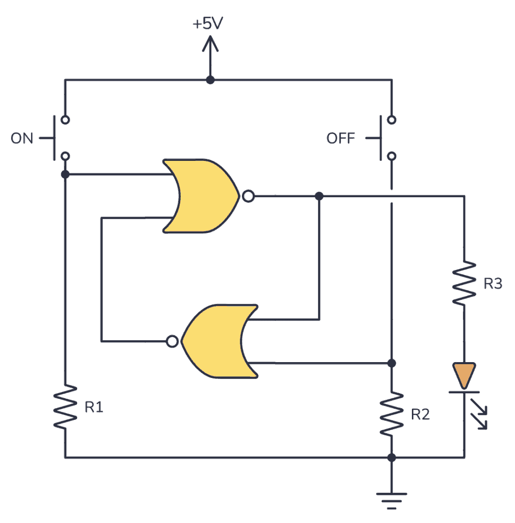 Circuit diagram of SR latch built with NOR gates